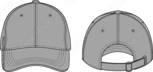 Technical baseball cap illustration, front and back view, adjustable strap, stitching detail, vector drawing, fashion accessory, headwear design, template