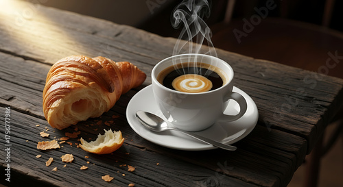 Hot Coffee with Croissant on Rustic Wooden Table in Warm Morning Light