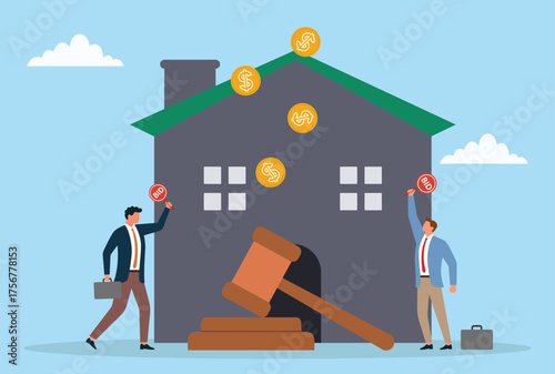 Vector illustration of two businessmen bidding to buy a house, representing real estate competition, property auction, and investment opportunities
