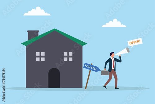 Vector illustration of a businessman announcing a house sale offer through a megaphone, representing real estate marketing, advertising, and property promotion
