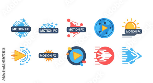 Ten graphic logos feature Motion FX text paired with motionrelated symbols like arrows and play buttons using vivid color schemes