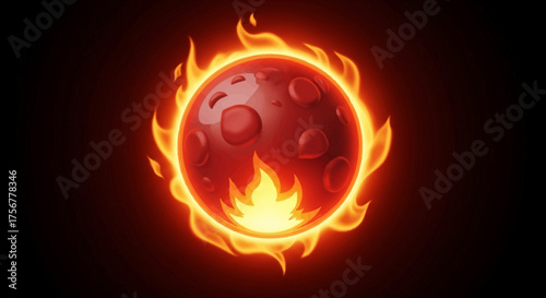 Red planet with craters encircled by orange and yellow flames against a dark red to black background