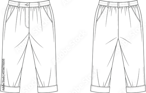 Technical fashion sketch, front view pants design, elastic waistband, cuffed hem, button fly, pull-on style, garment construction, vector illustration