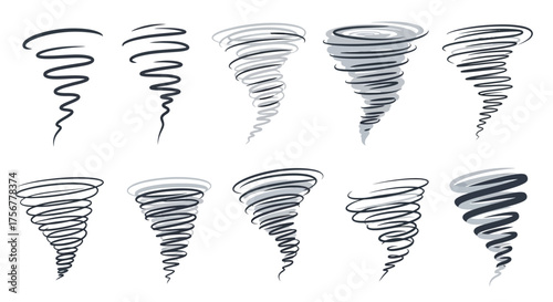 Ten stylized tornadoes are arranged in two rows each tornado depicted with varying shades and line density