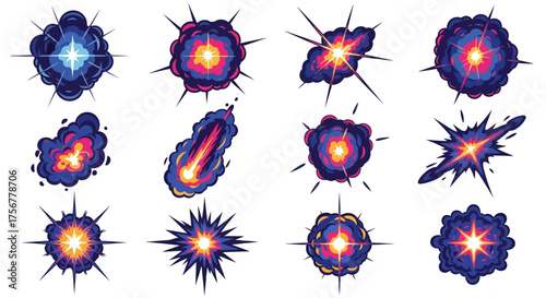 Twelve colorful cartoon explosion images are on display