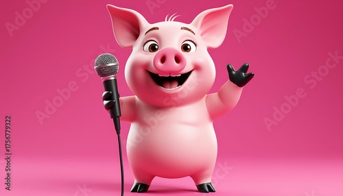 Pig character singing with joy, holding a microphone, standing on a vibrant pink background. Representing music, performance, and fun