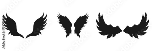 Three pairs of silhouette wings isolated on transparent background isolated on white background