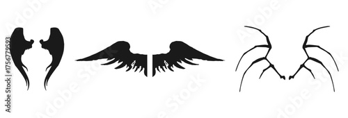 Three pairs of wings silhouettes including angel wings and demon wings isolated on white background isolated on transparent background