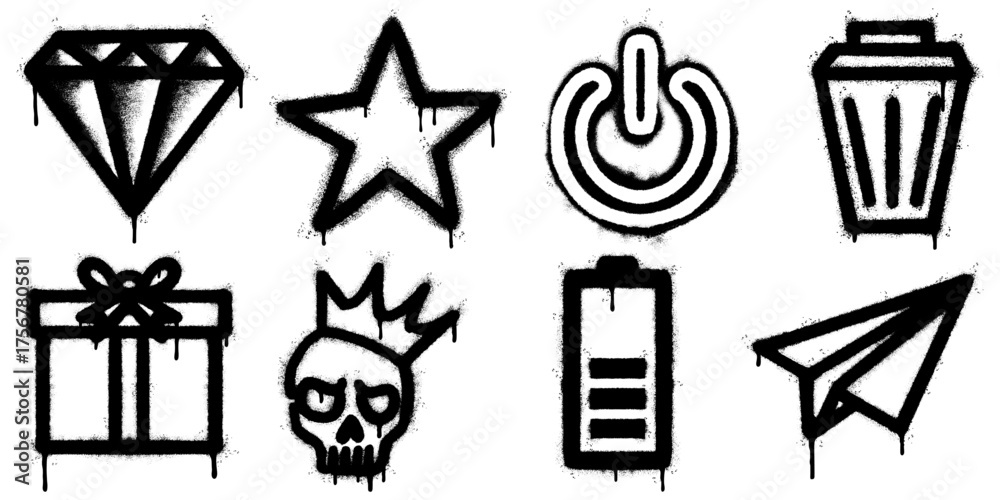Fototapeta premium collection of black graffiti style icons created with spray paint effect, featuring a diamond, star, power button, trash bin, gift box, skull with crown, battery, and paper airplane.