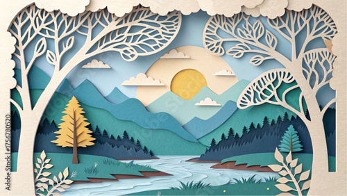 Layered paper art landscape with river and sunlit mountains