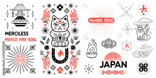 Japanese inspired graphic design elements with lucky cat sun fire and traditional symbols