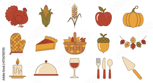 Vector set of Thanksgiving and harvest icons including turkey silhouette corn wheat pumpkin apple pie oven mitt basket leaf garland acorn candle cloche wine glass fork knife and pie server in warm aut