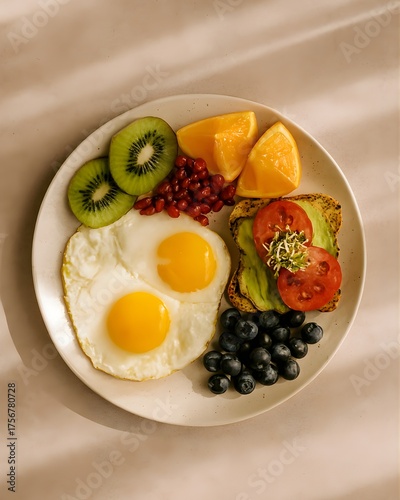 Healthy breakfast plate with avocado toast, eggs, and fresh fruits in natural light