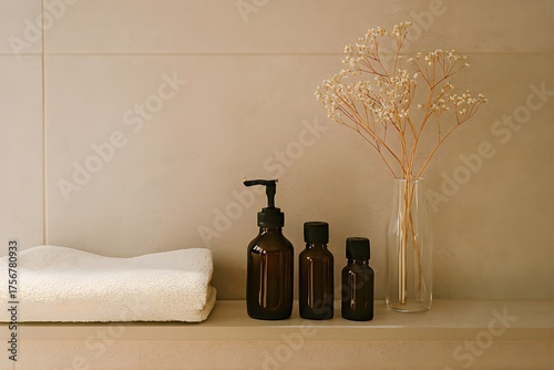 Modern skincare shelf aesthetic with natural light and beige tone