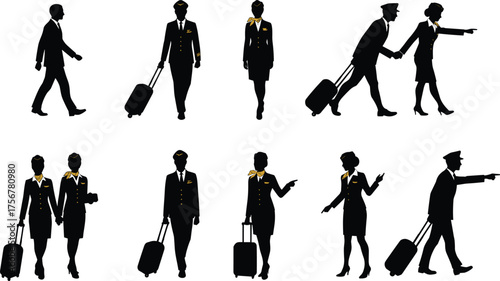 Flat vector, airline crew silhouettes, pilot flight attendant poses, uniform travel gestures, luggage walking figures, isolated black shapes, aviation posture reference, stock illustration
