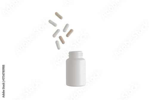 White Pill Bottle with Scattered Capsules on Transparent Background