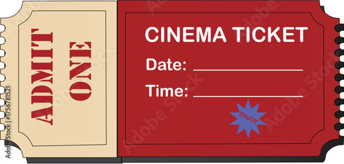 Vintage cinema ticket illustration in beige and red colors with admit one text and classic retro design