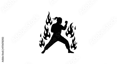 Dynamic silhouette of a martial artist in fierce combat stance surrounded by energetic flames symbolizing power and passion isolated on white background