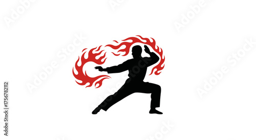 Martial arts silhouette warrior with fiery energy flowing from hands dynamic action pose performing powerful combat technique representing strength and discipline isolated on white background