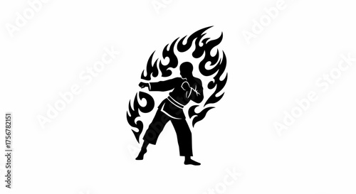 Martial arts silhouette of karate fighter performing powerful kick surrounded by dynamic flames symbolizing energy and combat prowess for sports and fitness concepts isolated on white background