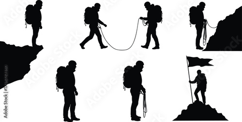 Flat vector, mountaineer silhouettes, hiking climbing poses, rope ascent figures, summit flag gestures, isolated black shapes, outdoor adventure posture reference, stock illustration