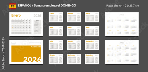 2026 Spanish language Calendar Planner Set of Template Monthly Page, Cover with Place for Photo, Company Logo, Annual 2026-2027. Vector layout wall or desk calendar with week start Sunday. Pages A4