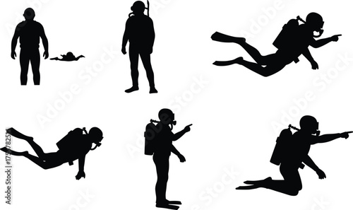 Flat vector, scuba diver silhouettes, underwater exploration poses, diving gear gestures, isolated black figures, marine adventure posture reference, aquatic lifestyle, stock illustration