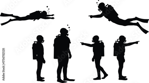 Flat vector, scuba diver silhouettes, underwater swimming poses, diving gear gestures, isolated black figures, marine adventure posture reference, ocean exploration, stock illustration
