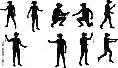 Flat vector, virtual reality silhouettes, VR headset users, gaming poses, immersive technology gestures, isolated black figures, interactive posture reference, digital design, stock illustration