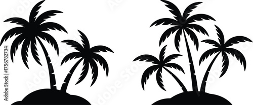 Black Silhouette of Palm Trees on Tropical Island Vector Graphic