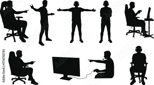 Gamer silhouette, gaming chair vector, esports player illustration, computer user design, online streaming, headset figure, video game culture, isolated people