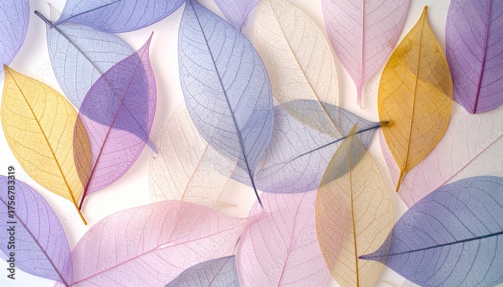 Obraz premium Translucent multicolor leaves overlapping on light background, delicate and ethereal.