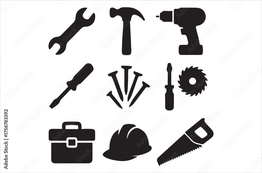 Obraz premium Essential construction tools wrench hammer drill nails and safety equipment silhouette, Art & Illustration