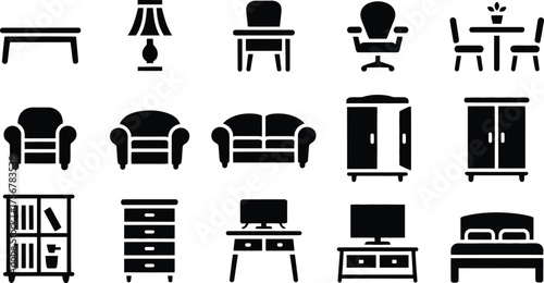 Furniture Collection Black Vector Icons for Home Office and Living