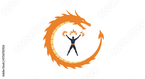 Mystical dragon embraces energetic figure unleashing fiery power in dynamic swirl of light and magic isolated on white background
