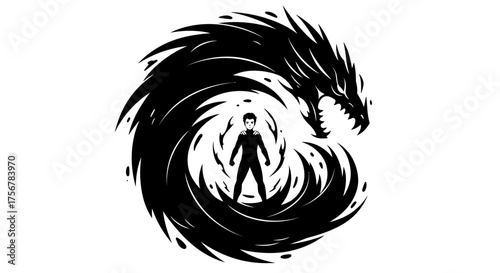 Mythical dragon creature swirling around silhouette of human warrior symbolizing power and inner strength isolated on white background