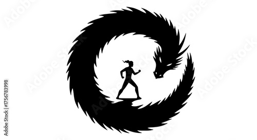 Silhouette of a determined person confronting a ferocious dragon symbolizing courage overcoming fear in a dynamic circular design isolated on white background