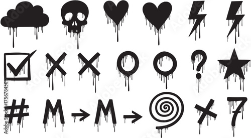 Dripping black icons and symbols collection grungy and edgy aesthetic for design projects vector