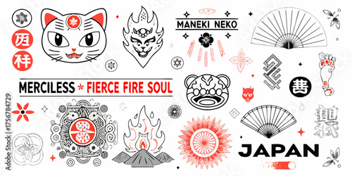 Collection of japanese inspired illustrations featuring maneki neko fierce tiger and fire symbols