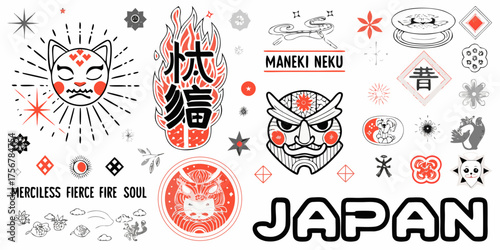 Collection of japanese inspired illustrations featuring masks calligraphy and cultural symbols