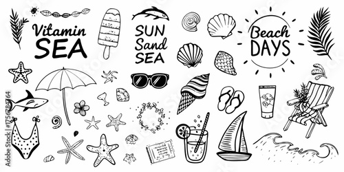 Collection of hand drawn black and white summer beach vacation icons and illustrations