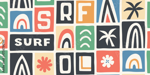 Retro mid century modern abstract pattern with surf theme and geometric shapes