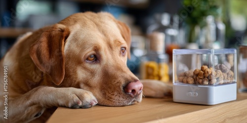 Labrador dog eagerly waits for treats at a home kitchen countertop during daytime