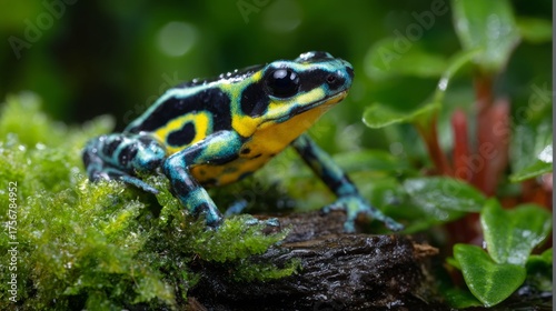 Colorful tropical frog perched on moss in a lush forest setting during the day