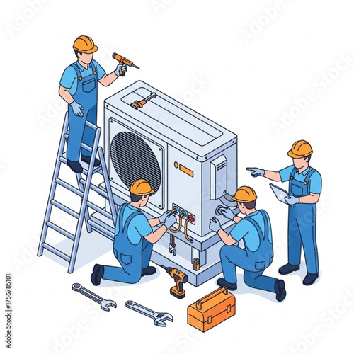 "Modern AC Installation Team - "Isometric vector illustration of an AC installation scene showing three technicians working on an air conditioner