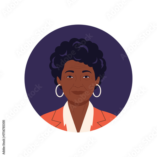 Portrait of an elegant older woman with short curly hair and large hoop earrings wearing an orange blazer and white blouse.