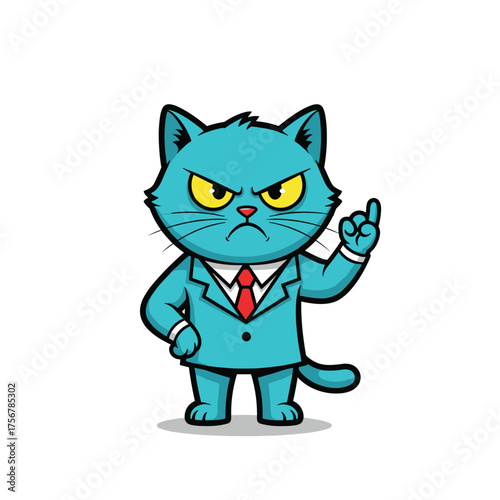 An angry blue cat in a suit pointing its finger and looking sternly forward.