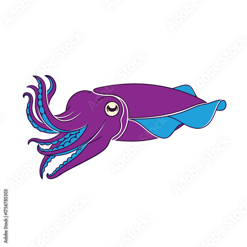 A vibrant illustration of a purple and blue cuttlefish swimming gracefully underwater.