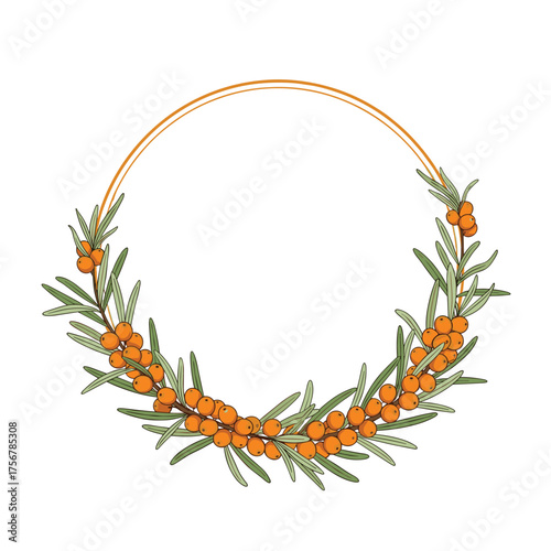 A circular wreath made of sea buckthorn branches with small orange berries