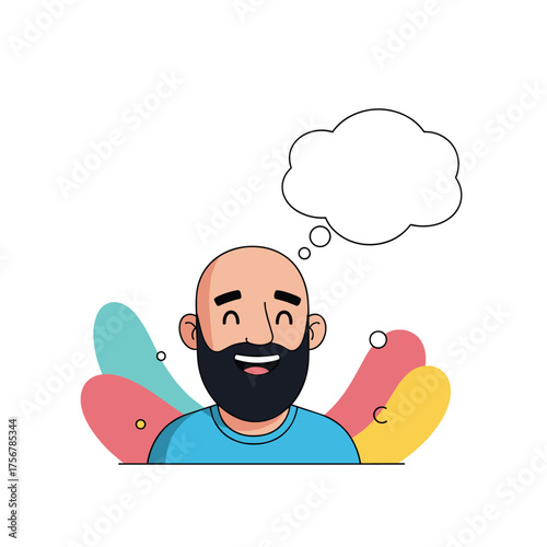 A happy bald man with a beard thinking about something interesting and exciting.